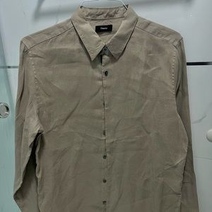 Theory Mens Linen Button Down Shirt Large Taupe Beige